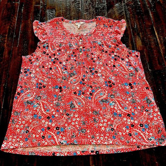 Time & Tru Ruffle Sleeve Paisley Woman's Shirt Red Floral (249) - Picture 1 of 2